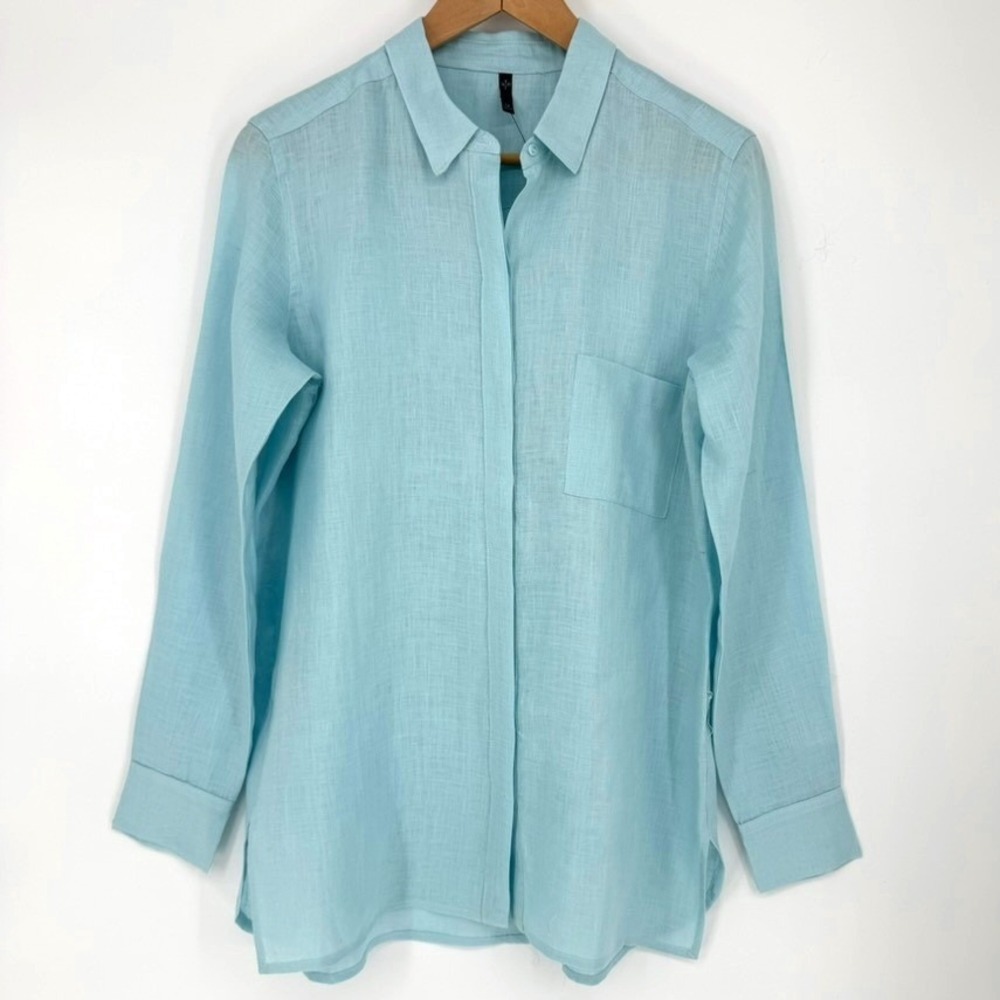 NYDJ Womens Aqua Blue 100% Linen Long Sleeve Button Down Shirt Size M NWOT